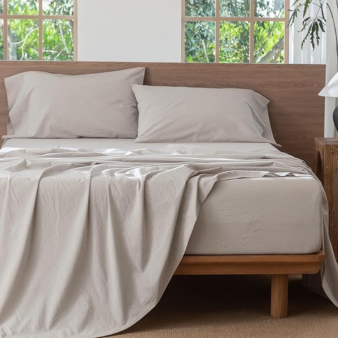 MooMee Bedding Sheet Set 100% Washed Cotton Linen Like Textured Breathable Durable Soft Comfy (Solid Light Tan, Full)