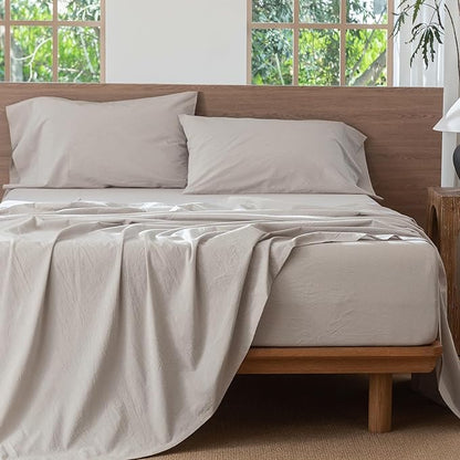 MooMee Bedding Sheet Set 100% Washed Cotton Linen Like Textured Breathable Durable Soft Comfy (Solid Light Tan, Queen)