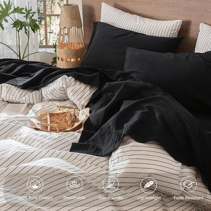 MooMee Bedding Sheet Set 100% Washed Cotton Linen Like Textured Breathable Durable Soft Comfy (Solid Black, King)