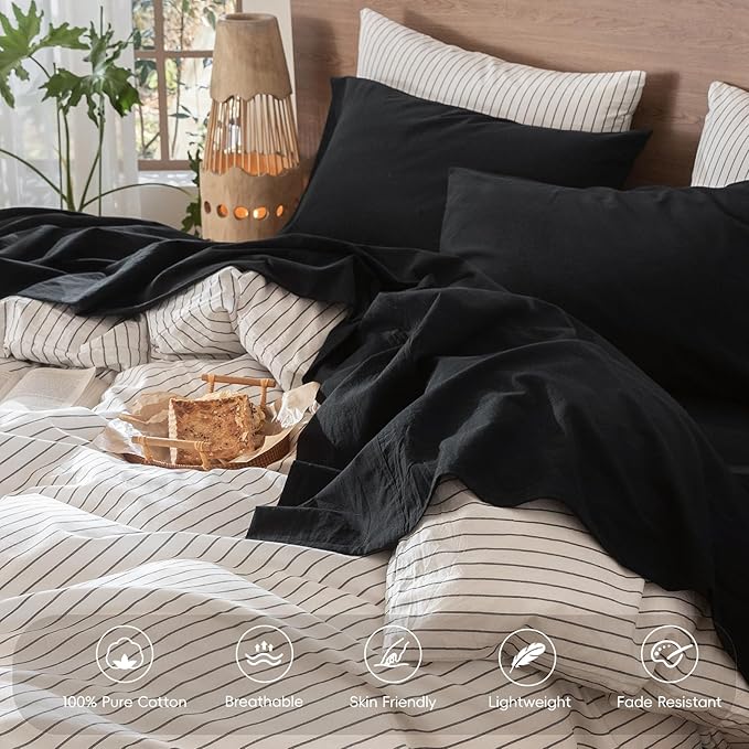 MooMee Bedding Sheet Set 100% Washed Cotton Linen Like Textured Breathable Durable Soft Comfy (Solid Black, Queen)