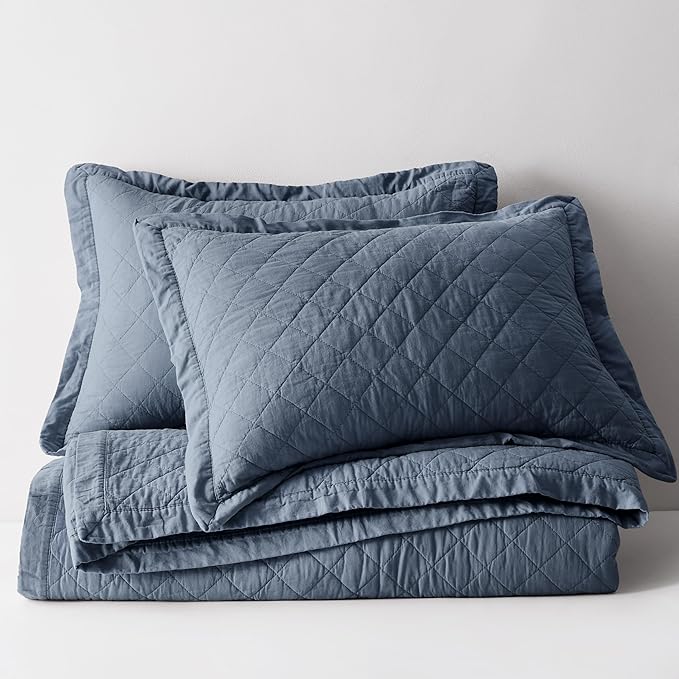 WDCOZY 100% Pre-Washed Cotton King Size Quilt Set - Dusty Blue Ruffle Box Soft Lightweight Bedspread, Textured Like Linen, Farmhouse Country Rustic Coverlet, Shabby Chic Gauze Bedding, 3 Pieces