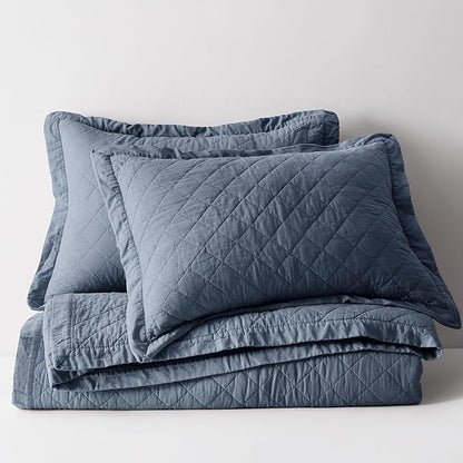 WDCOZY 100% Pre-Washed Cotton Oversized King Size Quilt Set - Blue California Cal King Soft Lightweight Bedspread, Textured Like Linen, Farmhouse Country Rustic Coverlet, Diamond Stitch Bedding