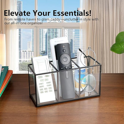 Pencil Holder for Desk,Tempered Glass Pen Holder,3&4 Compartments,Desktop Storage Organizer for Office Supplies,School Supplies,Pens,Markers,Pencils,Scissors,Paperclips (Black, 3 compartments)