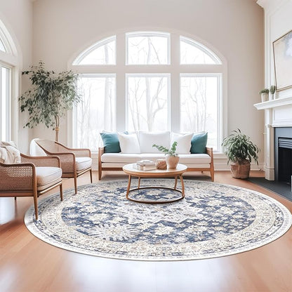 zesthome 8ft Round Rugs for Living Room, Non-Slip Washable Round Area Rugs, Ultra-Thin Large Circle Rugs, Soft Low Pile Rug for Bedroom, Kitchen - Vintage Stain Resistant Round Rug (Blue/Beige,8'x8')