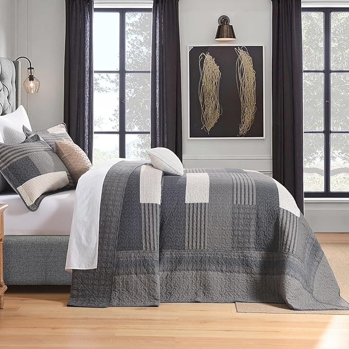 100% Cotton 120"x102" Oversized Quilt Bedspread, Plaid Pattern Oversized Queen Extra Large Quilt Bedding Set, XL Bed Spread Lightweight Comforter, Gray, 3Pcs