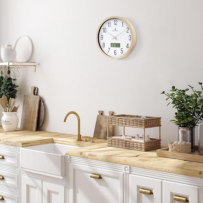 Lafocuse 12 Inch Silent Beige Wall Clock with Time Day Date Temperature, Battery Operated Wall Clock Analog and Digital with Calendar for Kitchen Living Room Home Décor