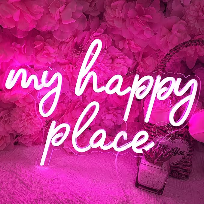 SYLHOME Pink My Happy Place LED Neon Light Sign USB Girls Babys Bedroom Living Room Kitchen Wall Decor Sign Wedding Birthday Party Sign Christmas Gifts 15.8" X 11.2" 5V Teens
