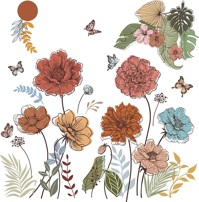 Large Boho Flower Wall Decals Floral Leaves Grass Butterfly Wall Stickers Removable Wall Art Decor for Living Room Bedroom