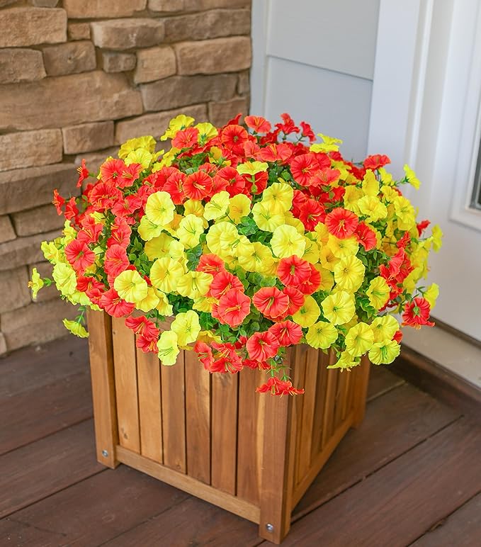 HyeFlora Artificial Flowers for Outdoors Fake Plants Outside Decoration, 12 Bundles Silk Colorful Morning Glory with Eucalyptus UV Resistant Realistic Faux Flowers for Planter Porch Patio Yard Garden