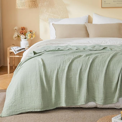 EMME Cotton Muslin Queen Blanket Bed Layering Bedspread Coverlet Breathable Gauze Soft Lightweight Blankets Adults (Heather Sage Green, 90"x90")
