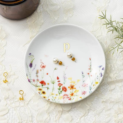 Crisky Initial Jewelry Tray Ring Dish & Gift Box, Ceramic Flower Trinket Dish for Rings Earrings Necklaces Keys, Bridal Shower Engagement Birthday Gift for Women, Friends 4.57" (Gold Foil P