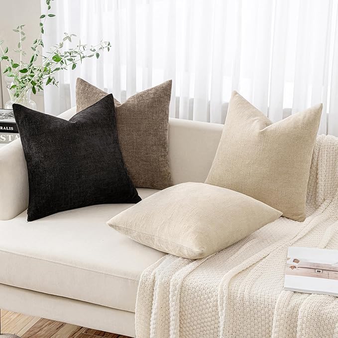 MIULEE Pack of 2 Decorative Throw Pillow Covers Soft Chenille Throw Pillows Solid Textured Euro Cushion Covers for Couch Sofa Bedroom Living Room 22x22 Inch, Black