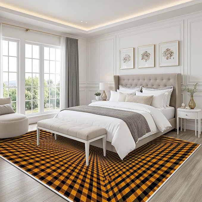 3D Rugs Optical Illusion - Plaid Rug 3x5, Geometric Stripes Soft Neutral Indoor Floor Mats Carpet, Non-Slip Stain Resistant Modern Orange Rug for Bedroom, Living Room Rugs