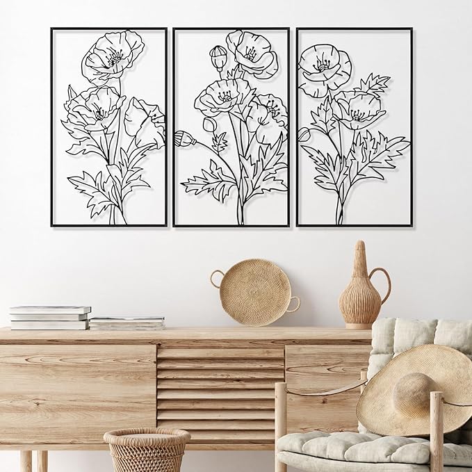 Therwen 3 Pcs Black Metal Wall Art Minimalist Wall Decor for Bedroom Flowers Decor Hanging Flower Bathroom Art Flower Line Sculpture Kitchen Decoration 16.5 x 9.8 Inch
