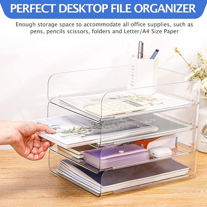 Set of 4 Office Organization and Storage, Clear PET Letter Tray Desk Organizer, Stackable Document Organizer and File Paper Organizer for Office Supplies