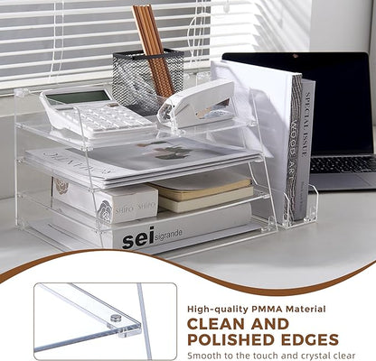 Acrylic Desk Organizer - 4-Tier Tray with Vertical File Holder for Books, Stationary, Letter, Magazines, Documents, and File Organizer - Durable Space Saving Storage, For Home and Office