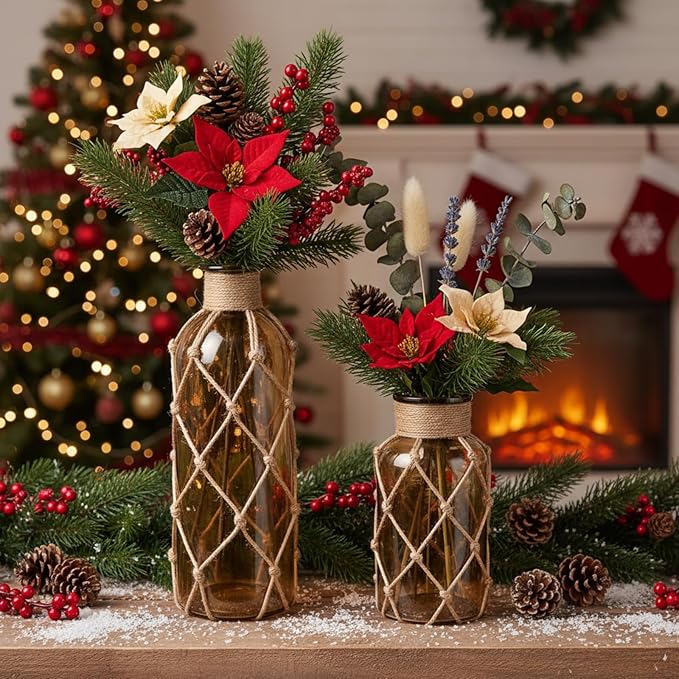 Chuangdi Set of 2 Coastal Glass Vases Christmas Vases for Flowers with Boho Rope Christmas Centerpieces for Tables Small Beach Bottle for Nautical Wedding Floral Arrangement Decorations(Light Brown)