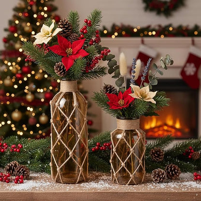 Chuangdi Set of 2 Coastal Glass Vases Christmas Vases for Flowers with Boho Rope Christmas Centerpieces for Tables Small Beach Bottle for Nautical Wedding Floral Arrangement Decorations(Light Brown)
