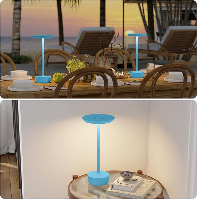 1 Pack Rechargeable Cordless Table Lamps, Portable 5000mAh Outdoor Table Light, 3 Color Stepless Dimming LED Table Lamp with Memory Function, for Home/Dinner/Patio/Restaurant.(Blue)