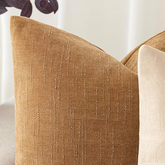 Foindtower Set of 2 Soft Textured Chenille Throw Decorative Pillow Covers Square Accent Solid Cushion Cover Neutral Farmhouse Pillow Case for Couch Sofa Bedroom Living Room 26x26 Inch,Golden Brown