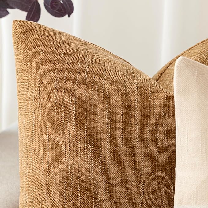 Foindtower Set of 2 Soft Textured Chenille Throw Decorative Pillow Covers Square Accent Solid Cushion Cover Neutral Farmhouse Pillow Case for Couch Sofa Bedroom Living Room 22x22 Inch,Golden Brown