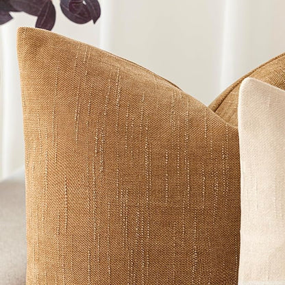 Foindtower Set of 2 Soft Textured Chenille Throw Decorative Pillow Covers Square Accent Solid Cushion Cover Neutral Farmhouse Pillow Case for Couch Sofa Bedroom Living Room 22x22 Inch,Golden Brown