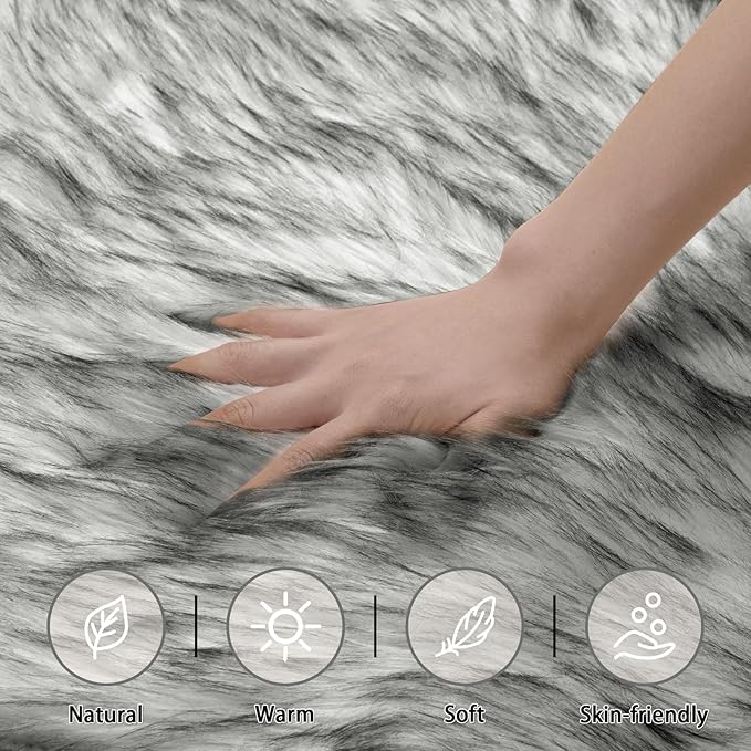 Ciicool Ultra Soft Faux Sheepskin Fur Rug Fluffy Rug for Bedroom Fuzzy Carpet for Living Room Kid's Room Nursery Decor, White Gradient Sliver Black 2 x 6 Feet