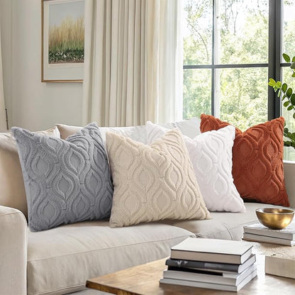 decorUhome Spring Throw Pillow Covers 16x16 Inch Set of 2, Soft Plush Faux Wool Cream Beige Solid Couch Pillow Covers, Accent Farmhouse Neutral Square Pillow Cases for Sofa Bed Living Room