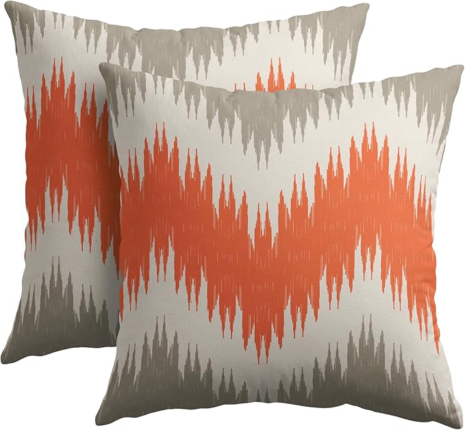 Fall Orange Grey Pillow Covers 18x18 Set of 2 Abstract Chevron Striped Vitage Decorative Throw Pillows Outdoor Linen Rustic Farmhouse Pillowcase with Zipper Cushion Cover Decor for Home Sofa Couch Bed