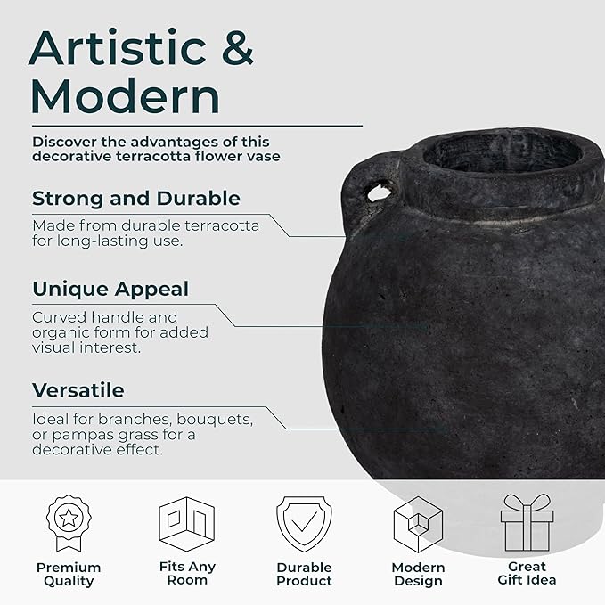 Decorative Vase for Home Decor – Modern Terracotta Flower Vase with Handle, Aesthetic Table Vase Centerpiece for Living Room, Dining Room, or Entryway Display, Contemporary Accent – 7", Black