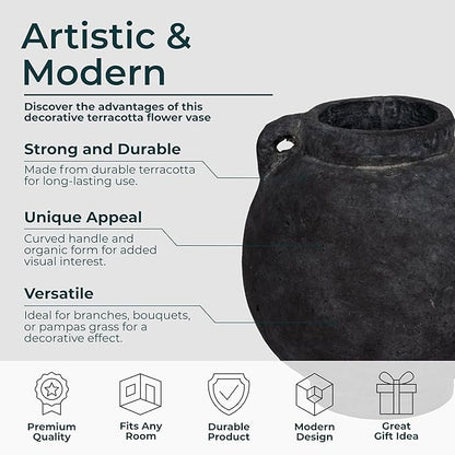 Decorative Vase for Home Decor – Modern Terracotta Flower Vase with Handle, Aesthetic Table Vase Centerpiece for Living Room, Dining Room, or Entryway Display, Contemporary Accent – 7", Black