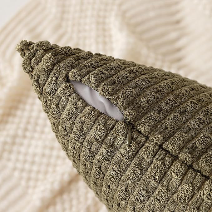 Kevin Textile 12x20 Inch Pillow Cover 1 Pack Boho Decorative Soft Striped Corduroy Lumbar Farmhouse Color Accent Rectangle Cushion Case for Living Room Couch Sofa Bed, Olive Green