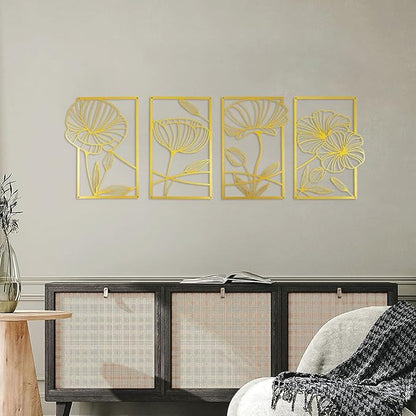 ESTART 4 Pieces Metal Lotus Wall Decor Abstract Floral Aesthetic Splicing Line Art Minimalist Wall Decor for Bedroom Flowers Hanging Wall Sculpture for Living Room Kitchen Office and Yoga Room (Gold)