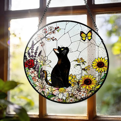 Cat Stained Glass Suncatcher Window, Hanging Sun Catchers Indoor Window, Suncatcher for Mom/Women (Black)