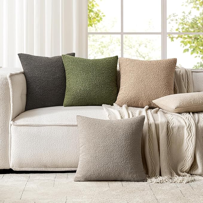 Woaboy Pack of 2 20x20 Inch Decorative Boucle Throw Pillow Covers Textured Square Pillowcaes Accent Solid Cozy Soft Cushion Covers Home Decor for Sofa Couch Living Room Home Decor,Olive Green