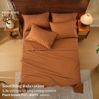 MEISHANG 100% French Pure Linen Sheets California King Size - Extra Deep Pocket Sheet Set, Soft Durable Flax Linen, Anti-Tear Breathable & Oeko-Tex Certified 18-24 Deep Pocket,All Season(Brown)