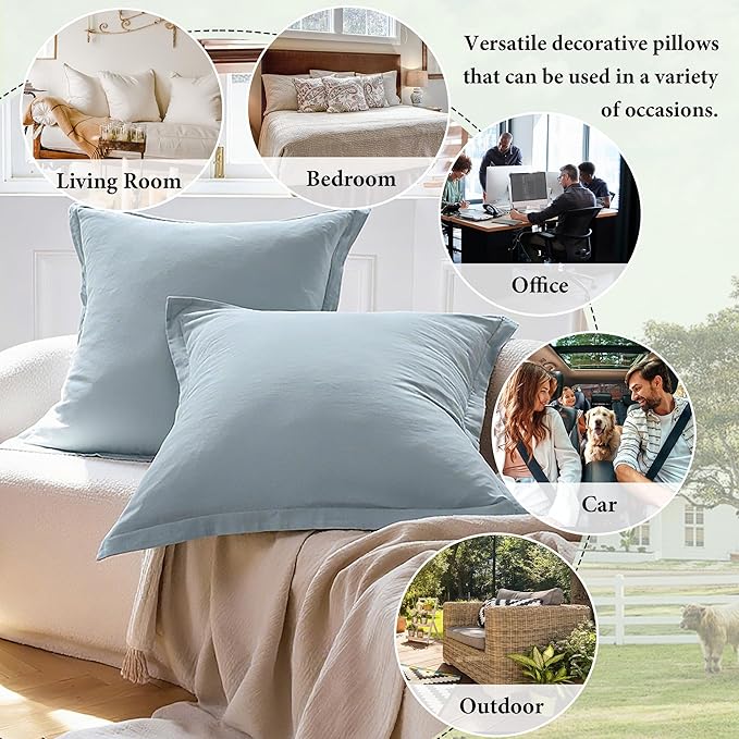 Simple&Opulence Linen Euro Sham Covers Set of 2, 26x26 Decorative Cotton Flax Blend Throw Pillow Cover Farmhouse Pillow Shams for Chair Couch Sofa Bedroom Living Room Home Decor, Dusty Blue