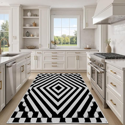 Black and White Rug 7x9, Checkered Soft Thin Indoor Floor Mats Carpet, Non-Slip Stain Resistant Washable Rugs, Modern Rhombus Geometric Rugs for Living Room, Farmhouse Rug