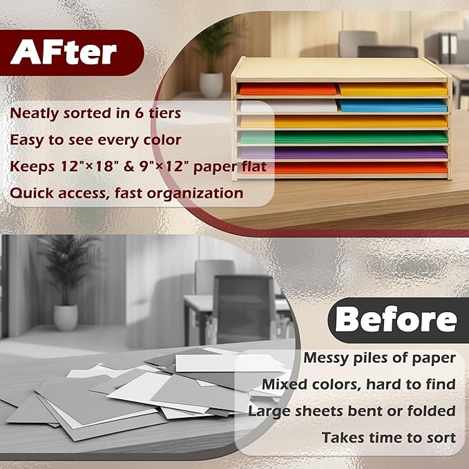 PROLEE Construction Paper Organizer,6-Tier Paper Organzier Wood Desktop Organizer,Papers Storage Rack,Letter Tray File Sorter for Home and Office (20.5"x13.2"X10.5")
