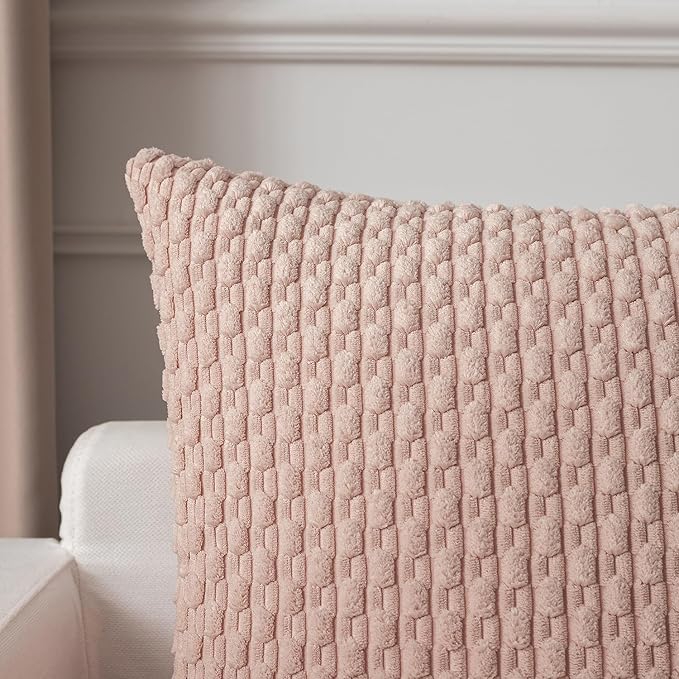 Kevin Textile Pack of 2 Corduroy Decorative Throw Pillow Covers 12x20 Inch Valentine' s Day Soft Boho Striped Pillow Covers Modern Home Decor Gifts for Spring Sofa Living Room Couch Bed Light Pink