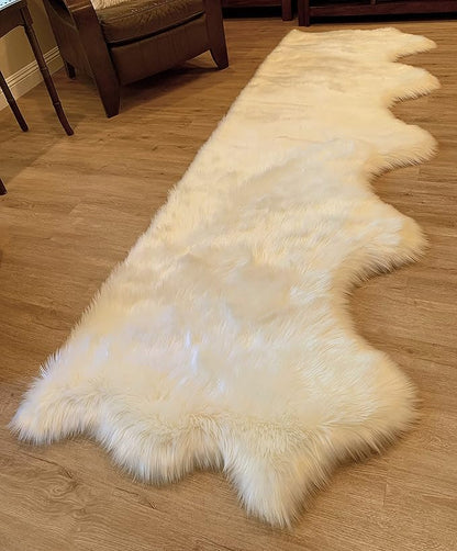 LAMBZY Faux Sheepskin Super Soft Hypoallergenic Silky Shag Rug for Living Room, Kids Room, Sofa (5 Pelts Side by Side 3'x10', Cream)