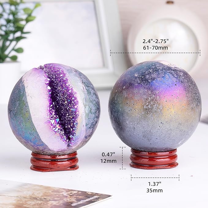 Sportmusies Titanium Coated Rock Crystal Geode Ball with Wooden Stand, Druzy Quartz Stone Cluster Sphere Reiki Home Office Decoration, Purple