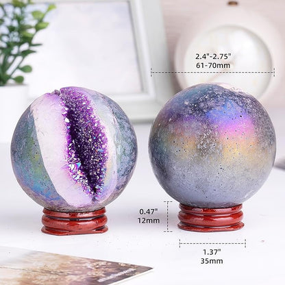 Sportmusies Titanium Coated Rock Crystal Geode Ball with Wooden Stand, Druzy Quartz Stone Cluster Sphere Reiki Home Office Decoration, Purple