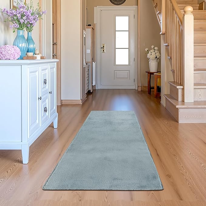 jinchan Solid Plush Runner Rug 2x5 Performance Shaggy Washable Hallway Rug Soft Modern Faux Wool Cozy Non Slip Carpet for Bedroom Laundry Room Living Room Kids Nursery Slate Blue