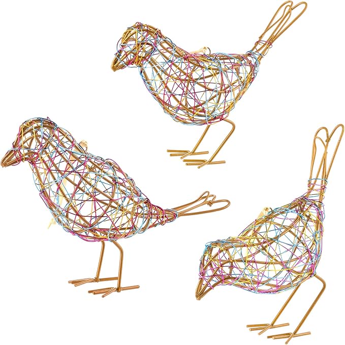 Modern Bird Statue Table Decor Set of 3 - Christmas Ornament - Handmade Metal Bird Sculptures with Colorful Wire Weaving, Multi-Pose Rustic Home Accent