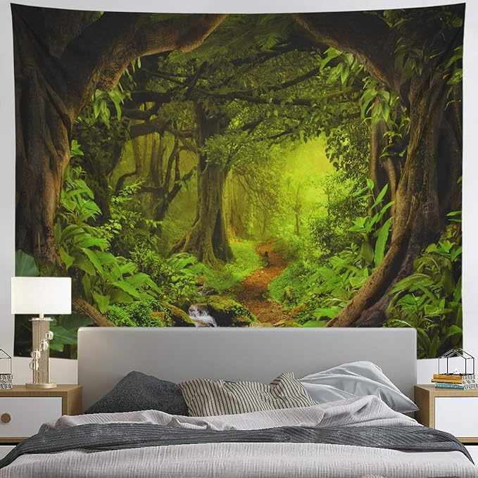 Forest Tapestry Psychedelic Tree Cave Tapestries Fantasy Nature Landscape Backdrop Tapestries Stream Through Rainforest Jungle Tapestry Wall Haning for Bedroom Decor