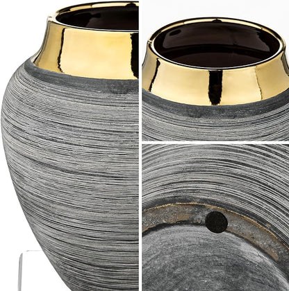 Rustic Ceramic Vase with Gold Rim – 9.4" Decorative Flower Vases for Living Room, Dining Table Centerpiece & Shelf Décor – Modern Farmhouse, Boho & Contemporary Home Accents