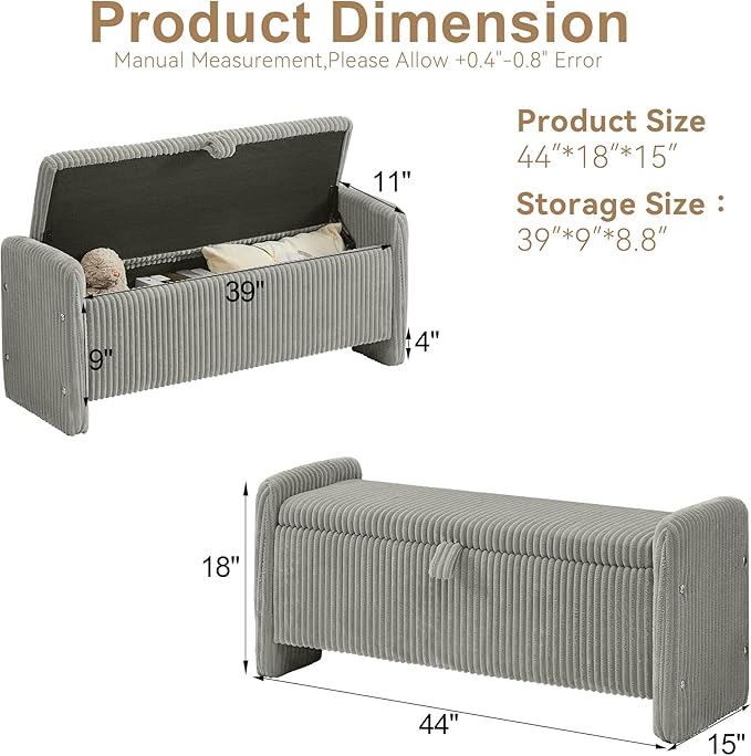 44" Storage Ottoman Bench, Upholstered End of Bed Storage Benches, Rectangle Ottoman with Storage for Bedroom, Entryway, Corduroy Grey