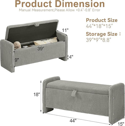 44" Storage Ottoman Bench, Upholstered End of Bed Storage Benches, Rectangle Ottoman with Storage for Bedroom, Entryway, Corduroy Grey