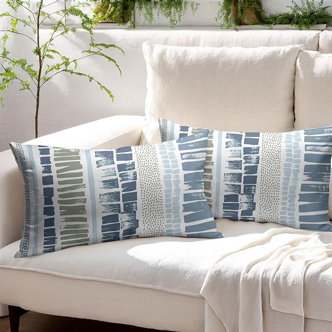 Blue Green Lumbar Pillow Covers 12x20 Set of 2 Boho Striped Dots Print Pattern Decorative Outdoor Zipper Pillowcases Rustic Decoration Farmhouse Linen Throw Cushion Cover Decor for Home Couch Sofa Bed